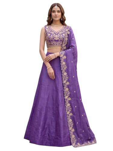 Zeel Clothing Women's Zari Sequins Embroidered Work Crush Silk Lehenga Choli With Dupatta (5136-Purple-Women-Lehenga-Choli; Free size)