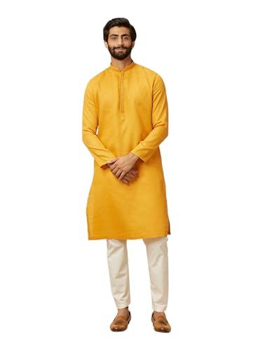 Manyavar Mustard Cotton Embroidery Kurta Pyjama Set