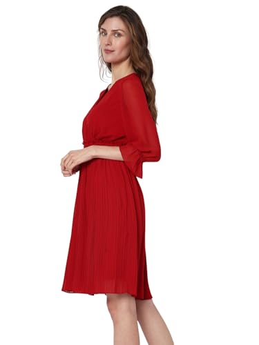 VERO MODA Women Textured Polyester Knee Length Red Fit & Flare Dress