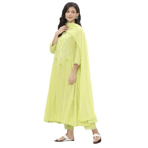 Rangriti Women Lime Green Viscose Rayon Flared Kurta Set_36