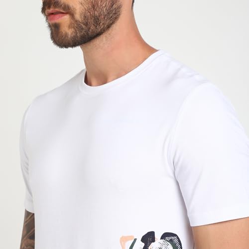 GUESS Men's White Cotton Printed Slim Fit Half Sleeves T-Shirt