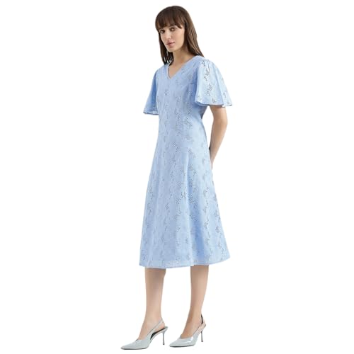 United Colors of Benetton Regular Fit V-Neck Schiffli Embroidered Dress (Size : S) - 26P4WVNDRS83I51B Blue