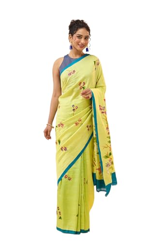 Taneira Women Light Green Silk Bengal Hand Paint Embroidery Saree with Unstitched Blouse (SAIH01AD4870 - Light Green)