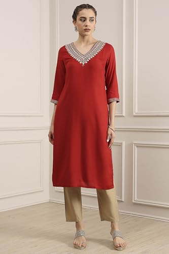 Biba Women Red Viscose Rayon Straight Solid Kurta_40