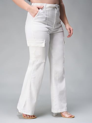 Miss Chase A+ Women's Wide-Leg High-Rise Regular-Length Stretchable Cargo Denim Jeans (APSS23DEN12-52-LMF-36, Oat White, 36)