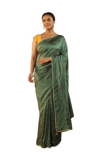 Taneira Women Green Pure Silk Hand Painted Saree with Unstitched Blouse Piece (SHH08D00037-Green)