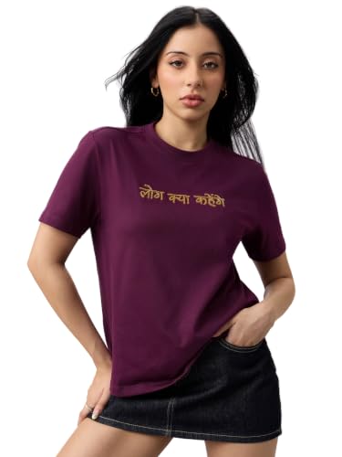 The Souled Store Casual Classics: Log Kya Kahenge Women and Girls Short Sleeves Round Neck Plum Embroidered Cotton Relaxed Fit Breathable Comfortable Everyday Casual T-Shirts