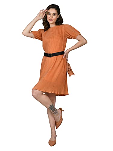 Zink London Women's Orange Self Design A-Line Short Dress