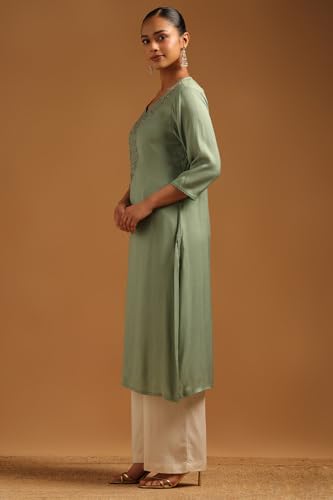 Soch Womens Sap Green Muslin Floral Kurta with Machine Embroidery and Cutdana Details