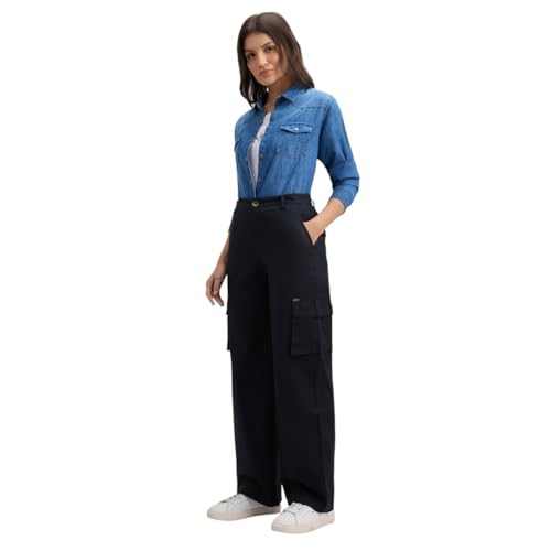 Pepe Jeans Women Black Mid Rise Wide Leg Cargo Pants