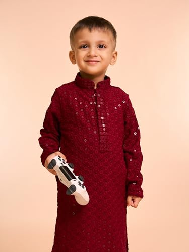 Manyavar Boys Viscose Chikankari Sequinned Kurta Pyjama Set (Maroon,2-3Y)