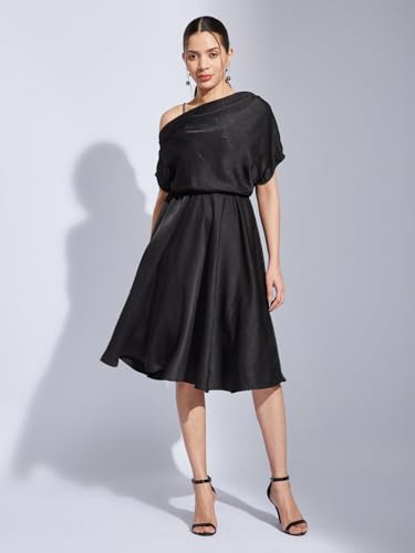 Latin Quarters Women Black One Shoulder Half Sleeves Solid Fit & Flare Dress