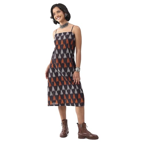 Biba Nxt Women Black Cotton Abstract Printed Strappy Midi Dress_38