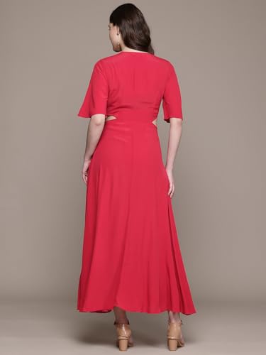 Label RITU KUMAR V Neck Solid Long Dress Red