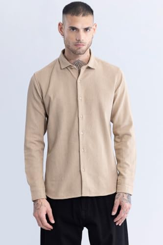 SNITCH Men Casual Shirt | Slim Fit Full Sleeve Spread Collar Striped Design | Premium Cotton & Textured Fabric for College & Everyday Wear | Beige