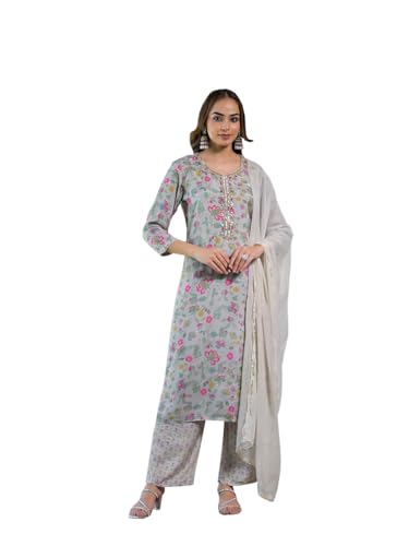 Divena Light Grey Floral Print Muslin Kurta Trouser with Dupatta