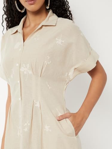 Max Women's Polyester A-Line Below The Knee Dress (IS510003_Beige