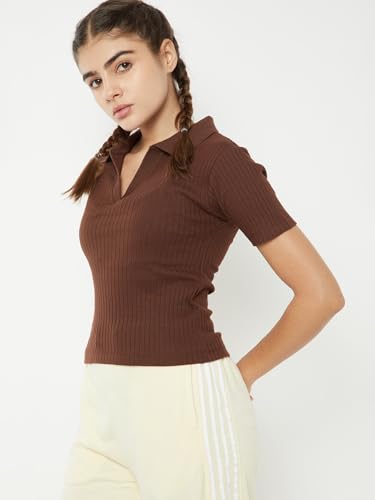 Max Women Ribbed Johnny Collar Sports T-Shirt (Brown_L)