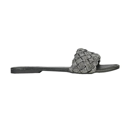 eske Trudy Embellished Woven Strap Slip-On Sandals | Flat Glitter Slides with Comfortable Leather Insole | Textured TPR Sole | Everyday Ethnic & Casual Footwear for Women & Girls (Pewter, UK Footwear Size System, Adult, Women, Numeric, Medium, 4)