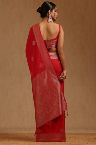 Soch Womens Red Viscose Silk Ethnic Motifs Zari Woven Saree