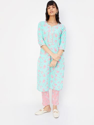 Max Women's Cotton Blend Kurta Set (CTKST42062BLUE_Blue