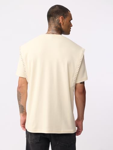 The Souled Store Oversized T-Shirt Oyster Men and Boys Short Sleeves Round Neck Off White Embroidered Shoulder Panel Casual Lightweight Drop Shoulder Streetwear Trendy Oversized T-Shirts