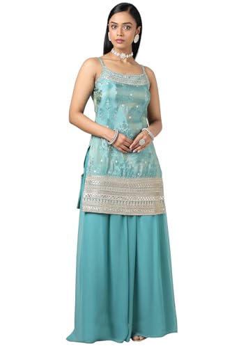 Soch Women Turquoise Blue Tissue Embroidered Suit Set with Sequins