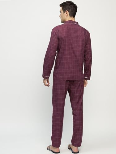 Hancock Men Cotton Checked Night Suit Burgundy Size L