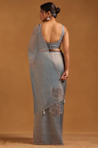 Soch Womens Blue Tissue Floral Saree With Stone Work