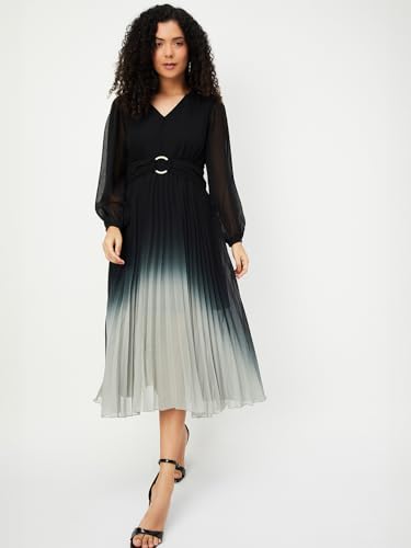 Max Women Ombre Pleated Midi Dress (Black_XXL)