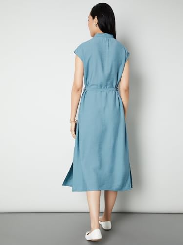 Max Women Textured Belted Midi Dress (Blue_S)
