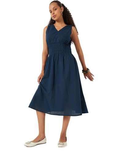 Max Women Solid A-line Dress (Blue_S)