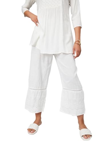 Max Women Schiffili Embroidered Hem Palazzos (Off White_XXL)