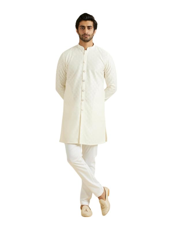 Manyavar Men's Art Silk Self Design Kurta Pyjama Set (Cream,S)