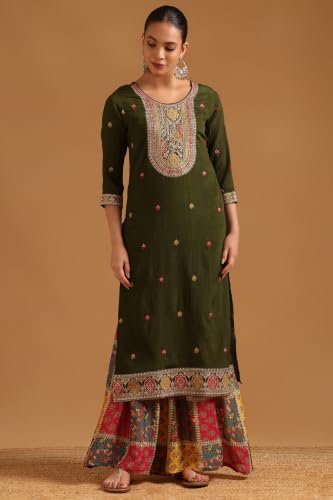 Soch Womens Green Viscose Blend Ethnic Motifs Zari Embroidered Salwar Suit With Sequin