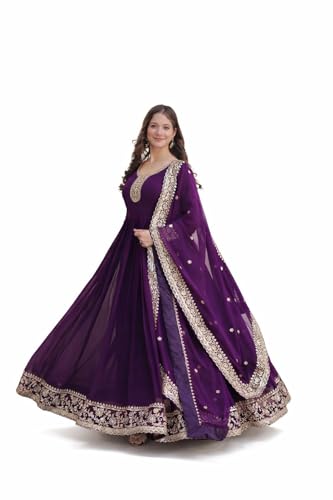 Mehervaa by vinni Purple Anarkali Suit with Gold Embroidery, Long Sleeve Ethnic Dress, Dupatta Included, Traditional Indian Wear (IN, Alpha, L, Regular)
