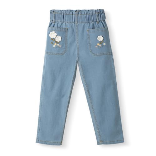 Nautinati Girls' Crochet Flowers Cotton Denim Jeans with Patch Pockets Blue