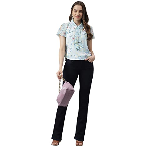 Latin Quarters Women Blue Floral Printed Cap Sleeves Shirt Top with Tie Up Neck