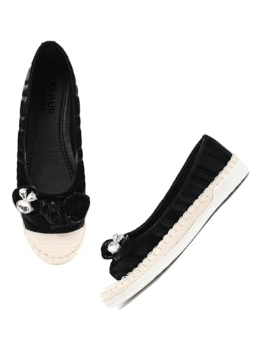 KLAUR MELBOURNE Women’s Quilted Espadrille Slip-Ons – Casual Ballet Flat Sneakers with Crystal Bow Accent and Woven Toe Cap Black