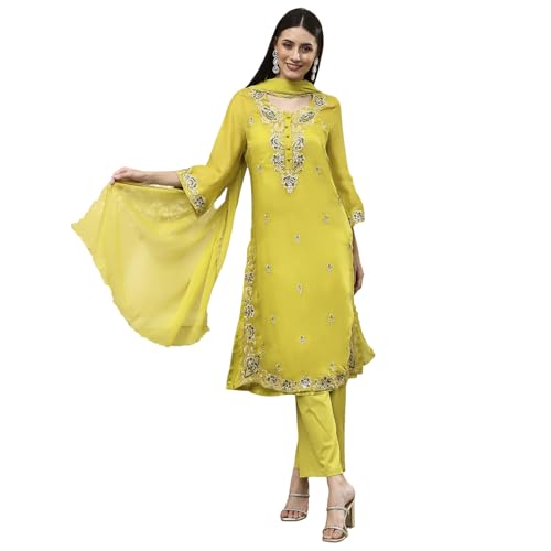 BIBA Women Lime Green Embroidered Straight Suit Set_32