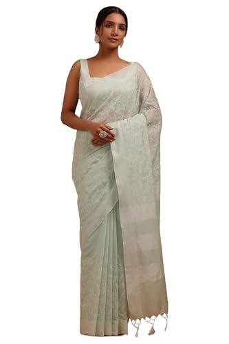 Soch Womens Powder Blue Chanderi Floral Print Saree With Thread Work