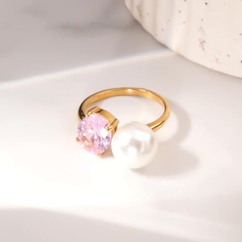 PALMONAS Elegant Pink Crystal & Pearl Ring(Size-Adjustable) | Gift For Women & Girls