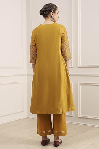 Biba Women Mustard Cotton Blend Kalidar Dyed Suit Set_34