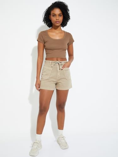 Max URB_N Women Ribbed Crop T-Shirt (Brown_XS)