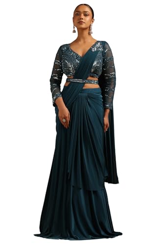 Soch Womens Teal Spandex Embellished Ready To Wear Saree