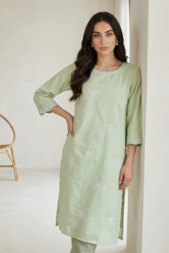 W for Woman Sea Green Thread Embroidered Straight Kurta - (W13840-401202-XXL)