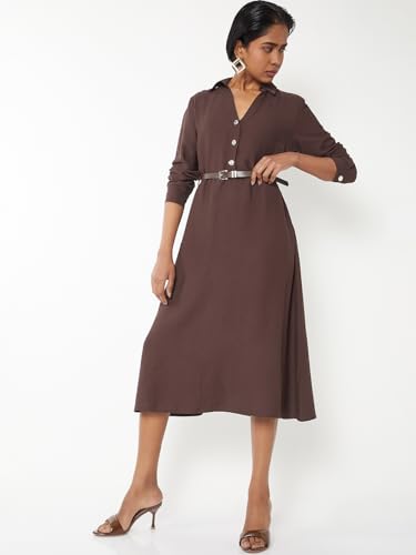 Max Women Solid Belted Shirt Dress (Brown_XS)