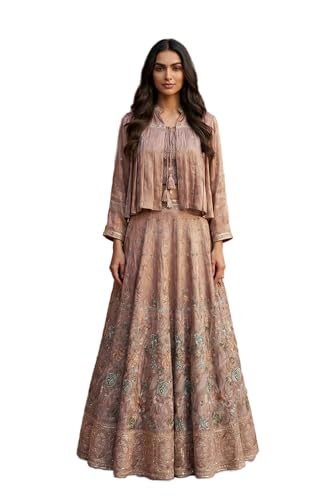 Aurelia Women's Rose Gold Embroidered Floral Zari Tissue A-line Crop Top with Skirt and Jacket Set - (AD10773-E609500-M)