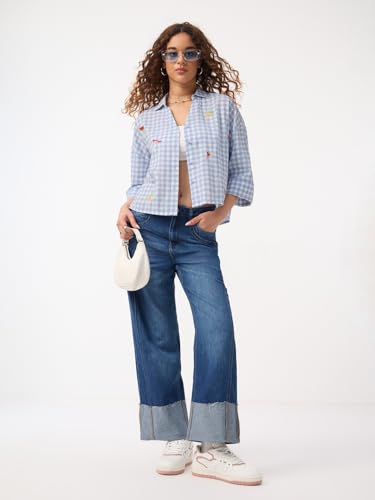 The Souled Store Summer Spritz Women and Girls Elbow Length Sleeves Collared Light Blue Embroidered Cotton Oversized Fit Lightweight Breathable Casual Shirt