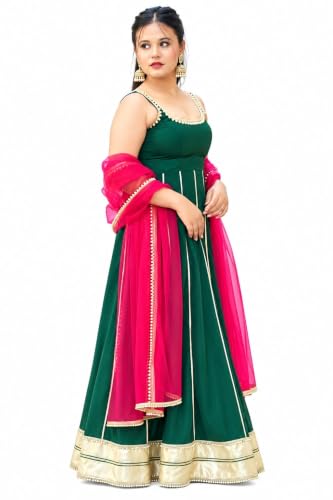 Women's Green Anarkali Gown with Pink Net Dupatta | Gold Gota Patti Border
